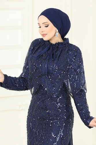 moda selvim فستان سهرة كحلي 5428DMNK1166 - Thumbnail