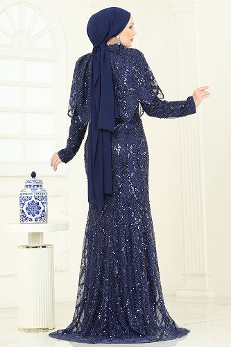 moda selvim فستان سهرة كحلي 5428DMNK1166 - Thumbnail