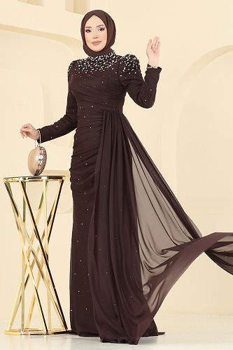 moda selvim Evening Dress 5430D170 Brown - Thumbnail