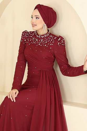 moda selvim Evening Dress 5430D170 Burgundy - Thumbnail