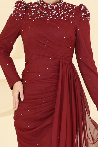 moda selvim Evening Dress 5430D170 Burgundy - Thumbnail