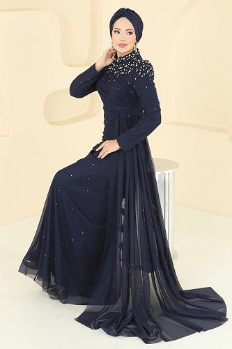 moda selvim Evening Dress 5430D170 Navy Blue - Thumbnail