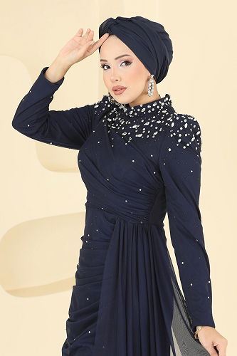 moda selvim Evening Dress 5430D170 Navy Blue - Thumbnail