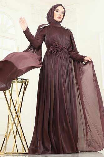 moda selvim Evening Dress 5433DMNK1166 Brown - Thumbnail