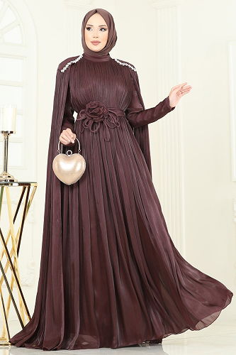 moda selvim فستان سهرة بني 5433DMNK1166 - Thumbnail