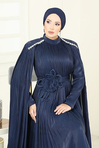moda selvim Evening Dress 5433DMNK1166 Navy Blue - Thumbnail