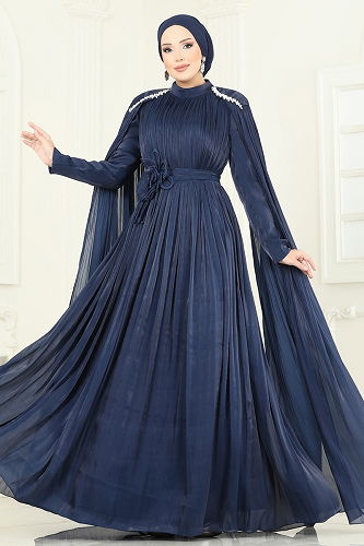 moda selvim Evening Dress 5433DMNK1166 Navy Blue - Thumbnail