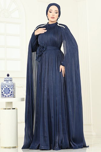 moda selvim فستان سهرة كحلي 5433DMNK1166 - Thumbnail