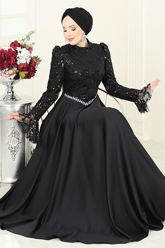 moda selvim فستان سهرة أسود 5441DMNK1166 - Thumbnail