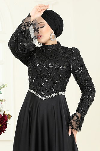 moda selvim فستان سهرة أسود 5441DMNK1166 - Thumbnail