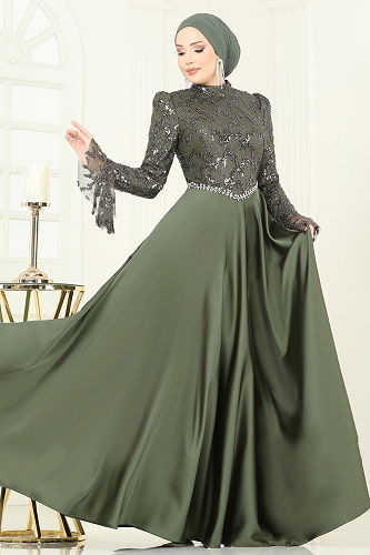 moda selvim فستان سهرة اخضر عفني 5441DMNK1166 - Thumbnail