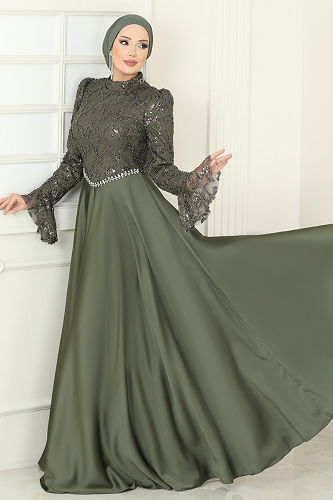 moda selvim فستان سهرة اخضر عفني 5441DMNK1166 - Thumbnail