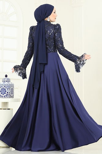 moda selvim فستان سهرة كحلي 5441DMNK1166 - Thumbnail