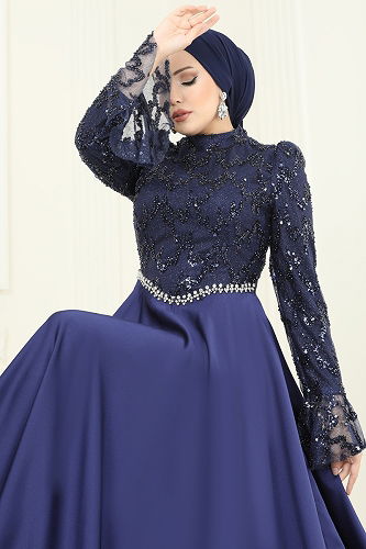 moda selvim فستان سهرة كحلي 5441DMNK1166 - Thumbnail