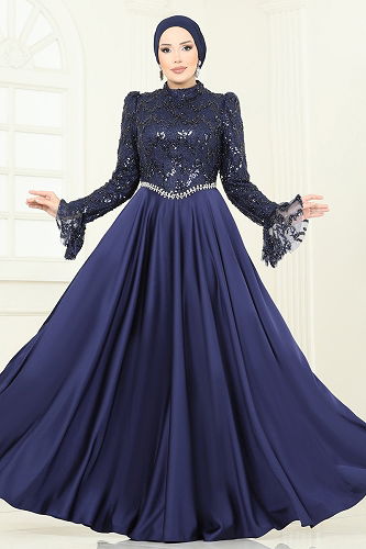 moda selvim فستان سهرة كحلي 5441DMNK1166 - Thumbnail