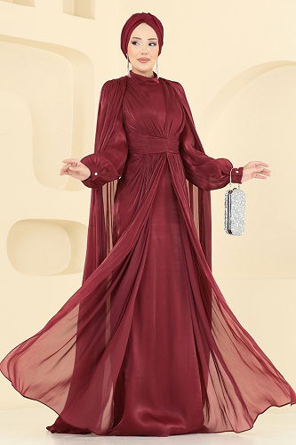 moda selvim Evening Dress 5447D170 Burgundy - Thumbnail