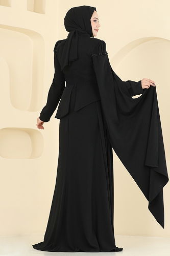 moda selvim فستان سهرة أسود 5450DMNK1166 - Thumbnail