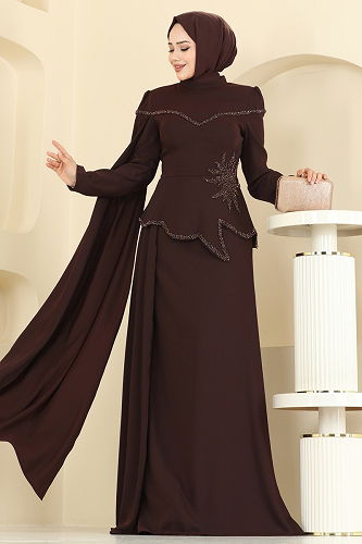 moda selvim Evening Dress 5450DMNK1166 Brown - Thumbnail