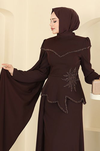 moda selvim فستان سهرة بني 5450DMNK1166 - Thumbnail