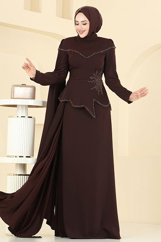 moda selvim فستان سهرة بني 5450DMNK1166 - Thumbnail