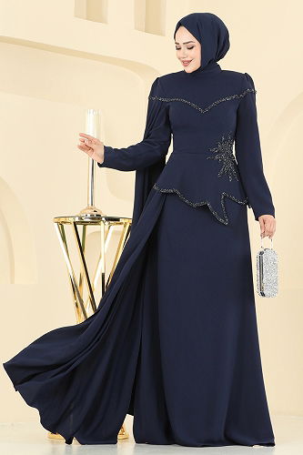 moda selvim Evening Dress 5450DMNK1166 Navy Blue - Thumbnail