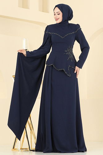 moda selvim فستان سهرة كحلي 5450DMNK1166 - Thumbnail