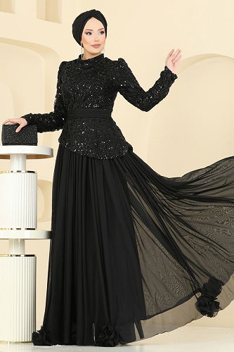 moda selvim فستان سهرة أسود 5452DMNK1166 - Thumbnail