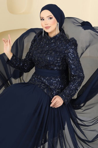 Evening Dress 5452DMNK1166 Navy Blue - Moda Selvim