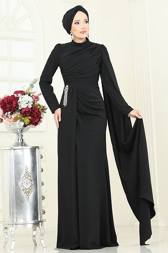 moda selvim فستان سهرة أسود 5467DMNK1166 - Thumbnail