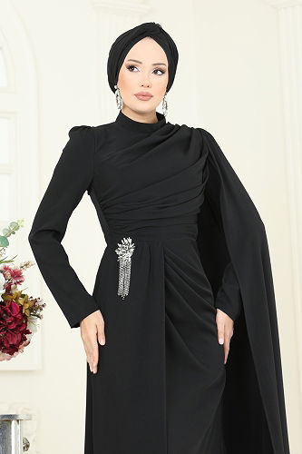 moda selvim فستان سهرة أسود 5467DMNK1166 - Thumbnail