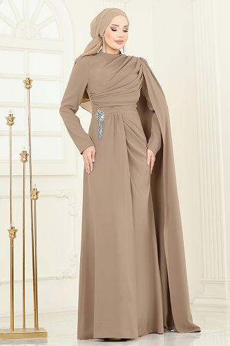 moda selvim Evening Dress 5467DMNK1166 Brown with Milk - Thumbnail
