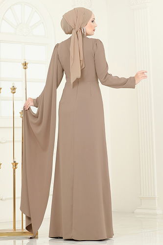 moda selvim Evening Dress 5467DMNK1166 Brown with Milk - Thumbnail