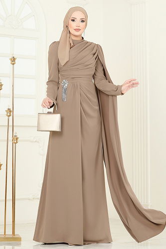 moda selvim فستان سهرة بني فاتح 5467DMNK1166 - Thumbnail