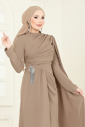 moda selvim فستان سهرة بني فاتح 5467DMNK1166 - Thumbnail