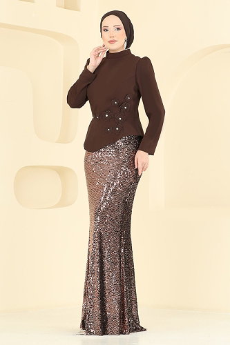 moda selvim Evening Dress 5469DMNK1166 Brown - Thumbnail