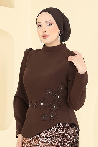 moda selvim Evening Dress 5469DMNK1166 Brown - Thumbnail