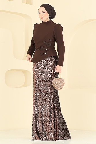 moda selvim فستان سهرة بني 5469DMNK1166 - Thumbnail