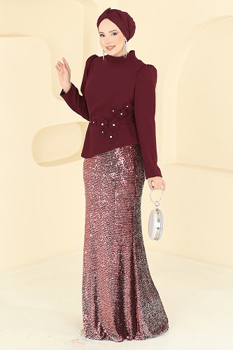 moda selvim Evening Dress 5469DMNK1166 Burgundy - Thumbnail