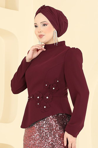 moda selvim Evening Dress 5469DMNK1166 Burgundy - Thumbnail