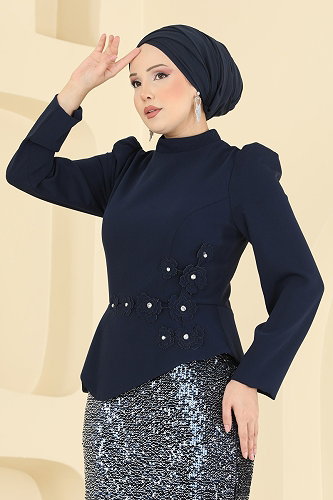 moda selvim Evening Dress 5469DMNK1166 Navy Blue - Thumbnail