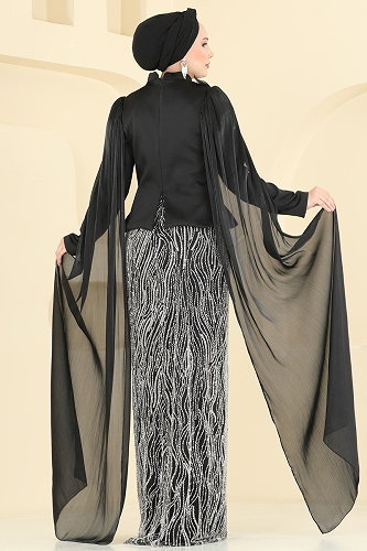 moda selvim فستان سهرة أسود 5492DMNK1166 - Thumbnail