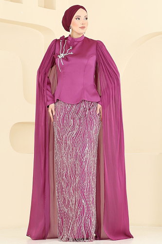 moda selvim Evening Dress 5492DMNK1166 Fuchsia - Thumbnail