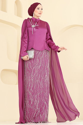 moda selvim فستان سهرة فوشي 5492DMNK1166 - Thumbnail