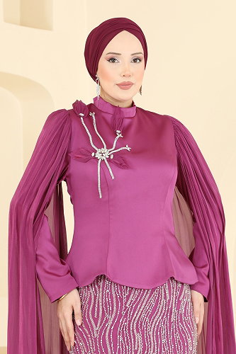 moda selvim فستان سهرة فوشي 5492DMNK1166 - Thumbnail
