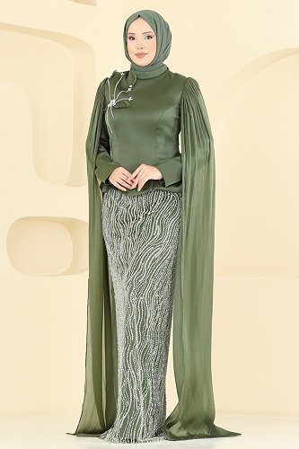 moda selvim Evening Dress 5492DMNK1166 Khaki - Thumbnail