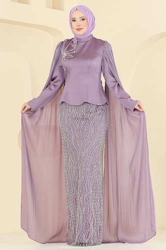 moda selvim فستان سهرة ليلكي 5492DMNK1166 - Thumbnail