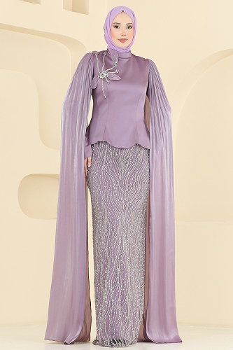 moda selvim فستان سهرة ليلكي 5492DMNK1166 - Thumbnail