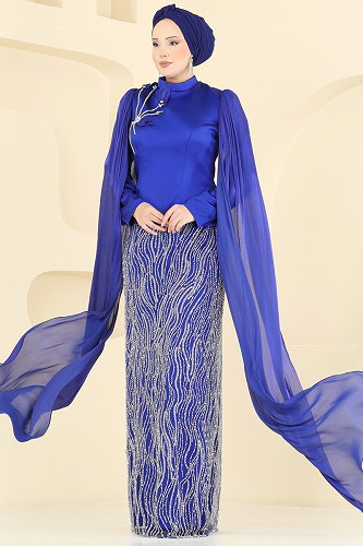 moda selvim فستان سهرة نيلي 5492DMNK1166 - Thumbnail