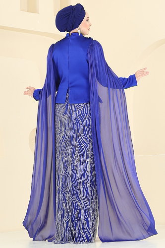 moda selvim فستان سهرة نيلي 5492DMNK1166 - Thumbnail