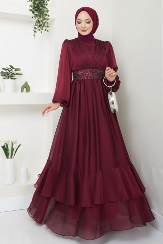 moda selvim Evening Dress 5498AB368 Burgundy - Thumbnail